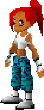 the in-game model for nevada montecarlo from fossil fighters. she has red hair in a pony tail and wears lime green lipstick, a white cropped tank top, and blue camo pants